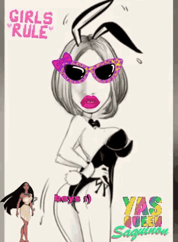 a cartoon drawing of a woman with bunny ears and the words girls rule above her