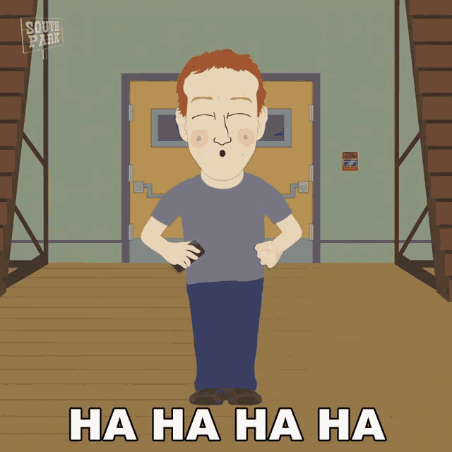 a cartoon of a man standing in front of a door with the words ha ha ha ha