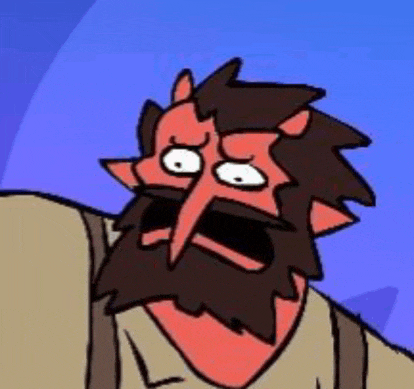a cartoon of a man with a beard and horns making a funny face .