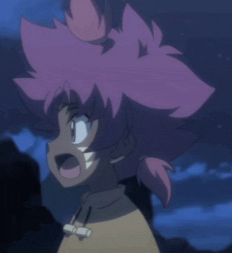 a close up of a cartoon character with purple hair and white teeth