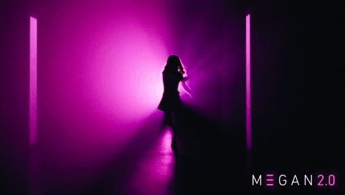 a woman in a purple dress is dancing in a hallway with the words megan 2.0 on the bottom