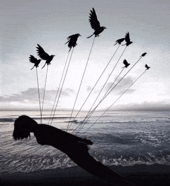 a silhouette of a woman with birds flying around her head
