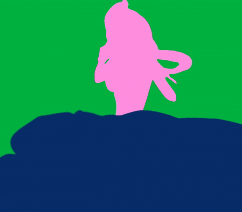 a pink silhouette of a person is against a green background
