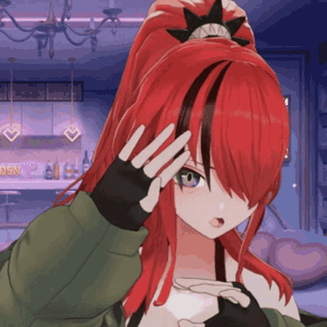 a girl with red hair is making a peace sign in front of a sign that says eden