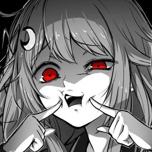 a black and white drawing of a girl with red eyes making a funny face with her hands .