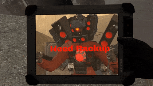 a person holding a tablet that says heed backup