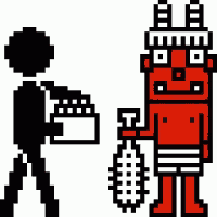 a pixel art drawing of a man holding a box and a robot holding a racket .