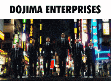 a group of men in suits and ties are walking down a city street with the words dojima enterprises above them