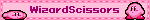 a pink banner that says wizard scissors with a kirby on it