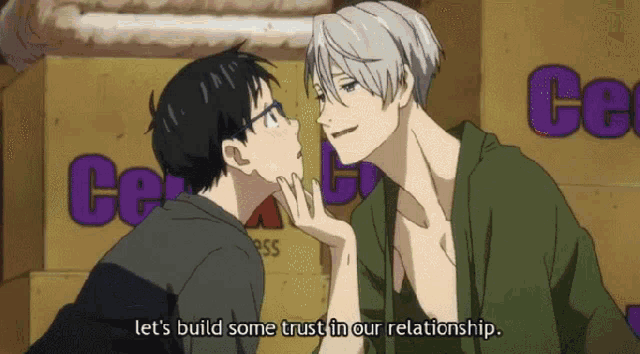 a couple of anime characters kissing with the words let 's build some trust in our relationship below them