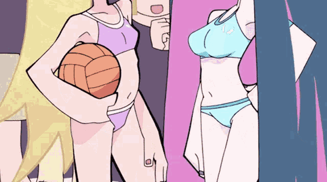 a girl in a bikini is holding a volleyball in her hand