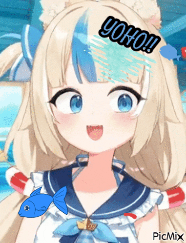 a girl with blonde hair and blue eyes is wearing a sailor outfit with a blue fish and the word yoho on her head
