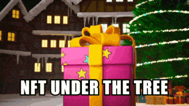 a pink and yellow gift box with the words nft under the tree on it