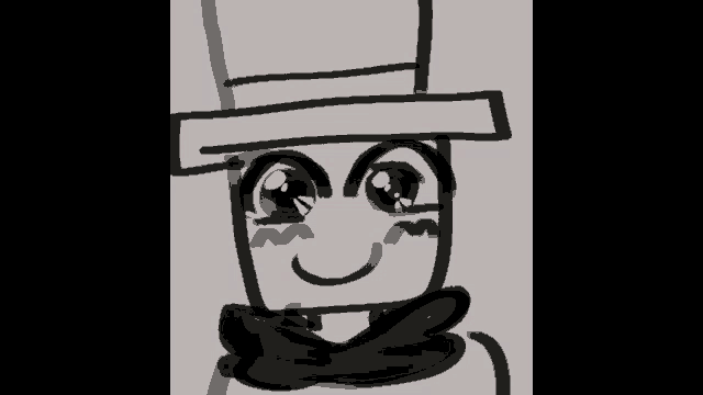 a black and white drawing of a cartoon character wearing a top hat