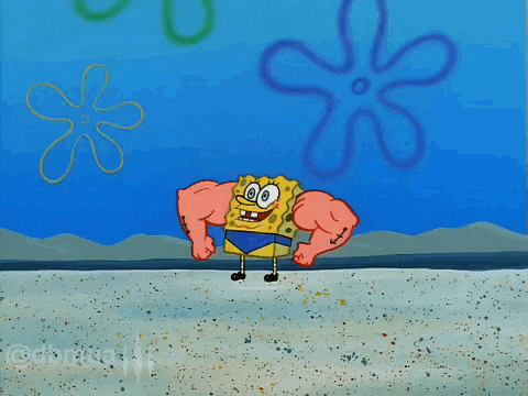 a cartoon of spongebob and patrick flexing their muscles on the beach