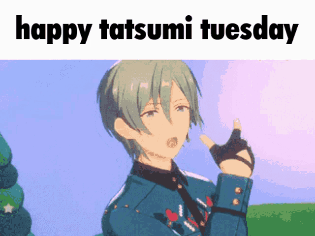 a cartoon character giving a thumbs up and the words happy tatsumi tuesday