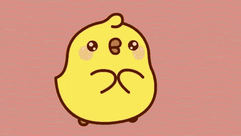 a cartoon yellow chicken with a sad face on a pink background