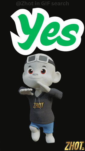 a cartoon character is standing in front of the word yes