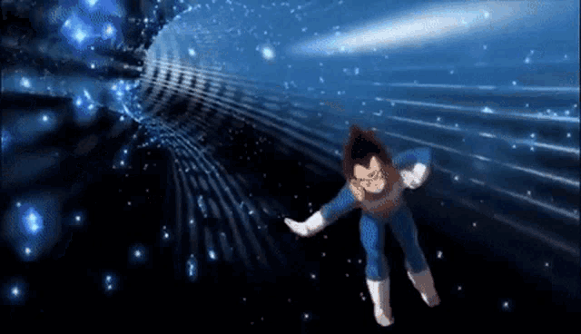 a cartoon character is flying through a tunnel in space .
