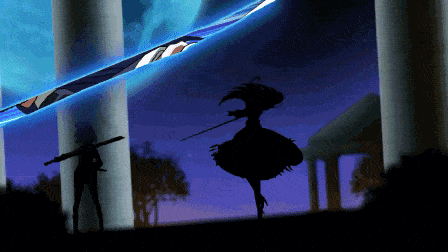 a silhouette of a woman holding a sword in front of a pillar