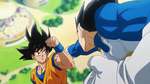 a cartoon of goku and vegeta fighting each other in a park