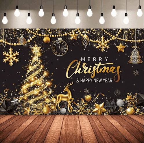 a black and gold christmas backdrop with the words merry christmas and happy new year on it