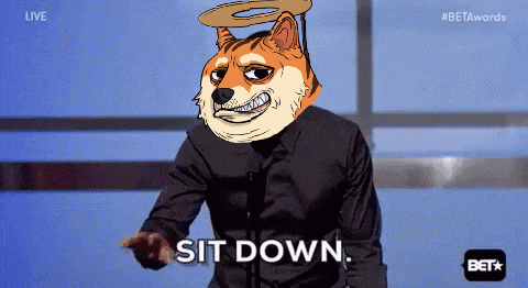 a cartoon of a man with a dog head and the words sit down