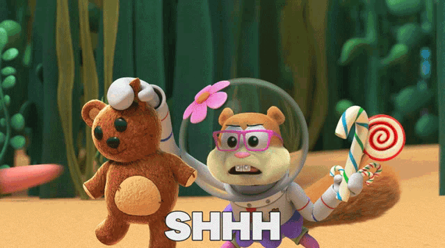 a teddy bear and a squirrel are standing next to each other with shhh written on the bottom