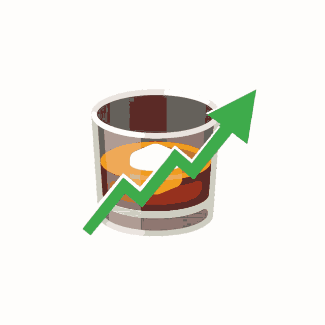 a glass of whiskey with an ice cube and a green arrow pointing up