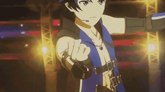 a cartoon character with a microphone on his head is pointing at something