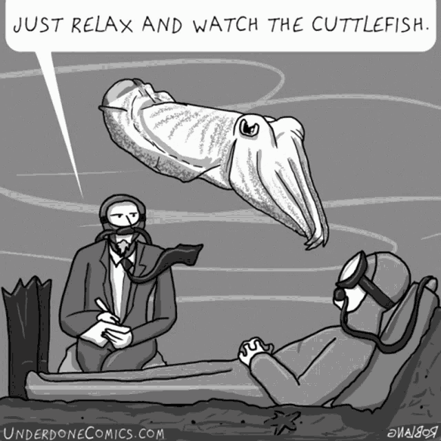 a cartoon by underdonecomics.com shows a cuttlefish flying over a man