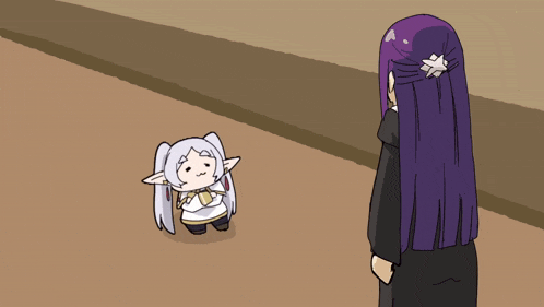 a cartoon of a woman with purple hair standing next to a small elf girl