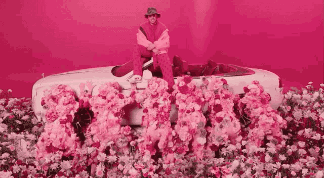 a man in a pink hat sits in a white car surrounded by pink flowers