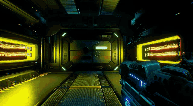 a video game is being played in a dark room with a door that says ' emergency exit '
