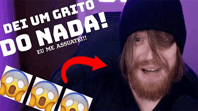 a man with a beard wearing a black hat with the words dei um grito do nada written above him