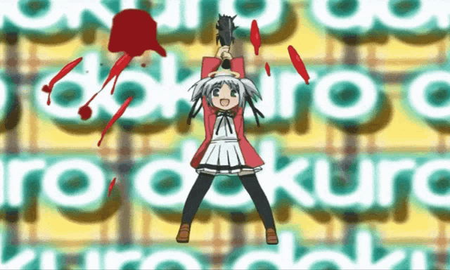 a girl is holding a gun in front of a background that says kuro