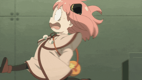 a cartoon girl with pink hair is running in a hallway