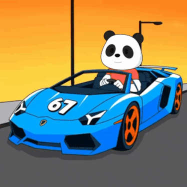 a cartoon panda is driving a blue sports car with the number 67 on it