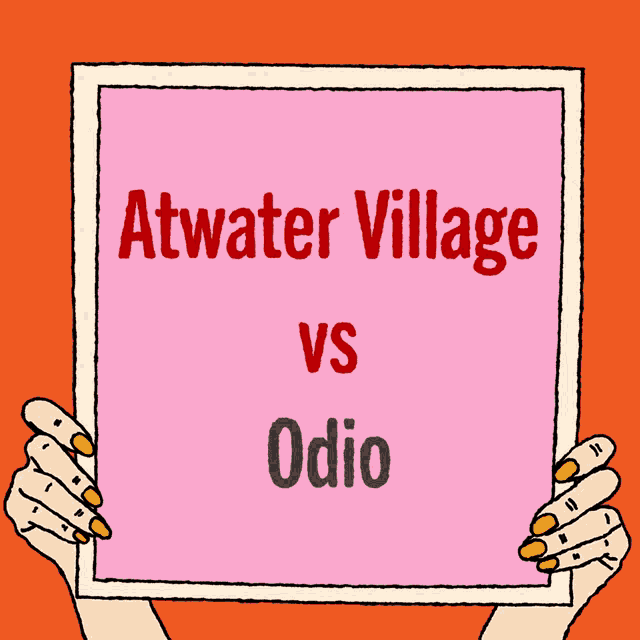 a pink sign with the words atwater village vs odio on it