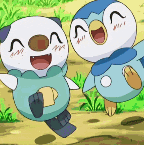 a couple of cartoon characters are standing next to each other and smiling