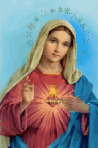a painting of the virgin mary with a circle of stars around her head