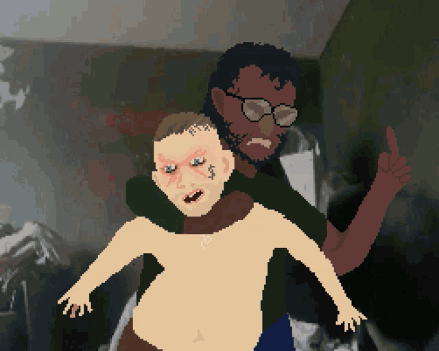 a pixel art drawing of a man holding a child with a dollar sign tattoo on his face
