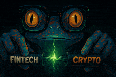 a frog with glasses is holding a coin that says fintech and crypto