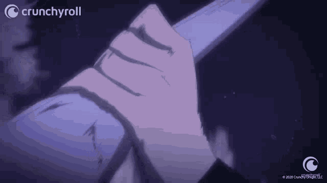 a close up of a person holding a sword with the crunchyroll logo in the corner
