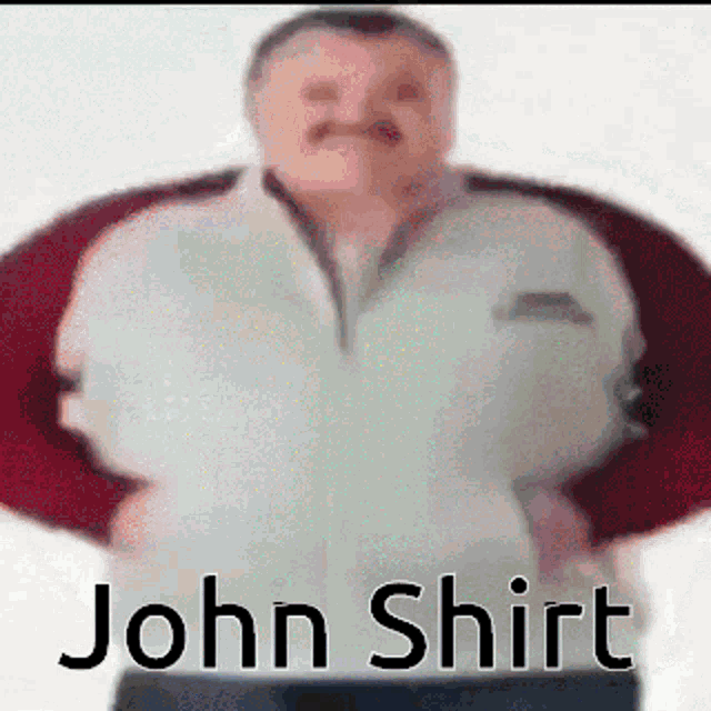 a man with a mustache is wearing a white shirt that says john shirt .
