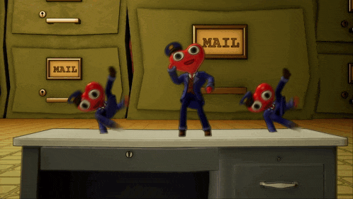 a cartoon character is standing on a desk in front of a mail drawer