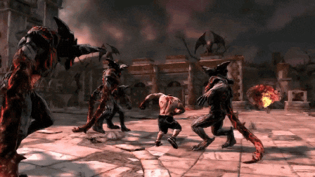 a video game scene shows a man running from a group of monsters