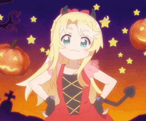 a girl in a devil costume stands in front of pumpkins and stars