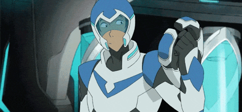 a cartoon character in a blue and white suit is giving a fist bump