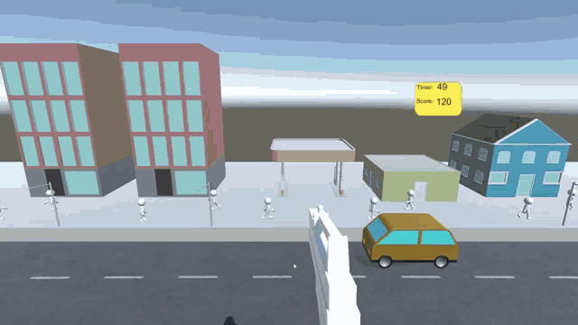 a cartoon scene with buildings and a yellow sign that says timer 49 and score 120